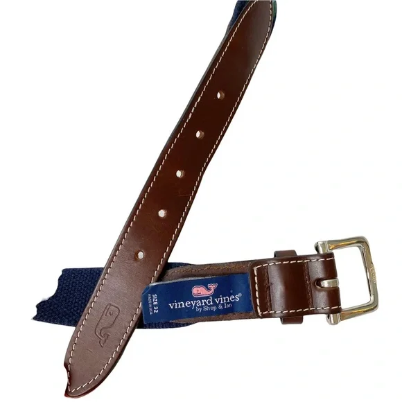 Vineyard Vines Belt Green Navy Blue Stripe Whale Emblem Preppy Academia Size 32 - Picture 8 of 9